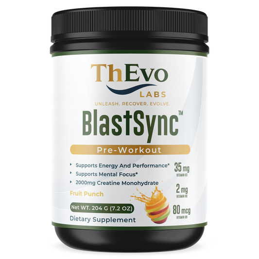 BlastSync Fruit Punch Pre-Workout tub, 30 servings, by ThEvo LABS