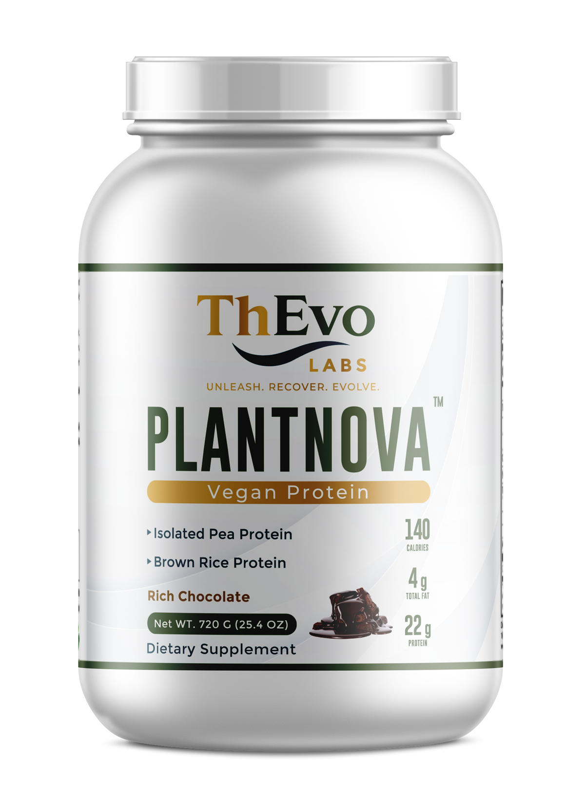 Plantnova Rich Chocolate original ThEvo Labs jar mockup, 22 g vegan protein per serving