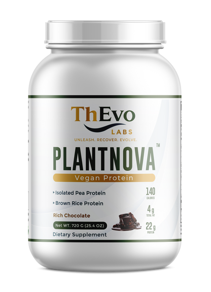 Plantnova Rich Chocolate original ThEvo Labs jar mockup, 22 g vegan protein per serving