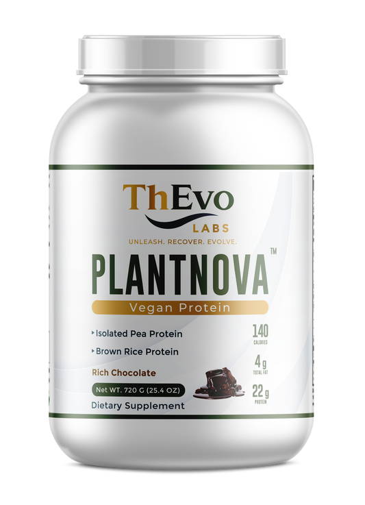 Plantnova Rich Chocolate original ThEvo Labs jar mockup, 22 g vegan protein per serving
