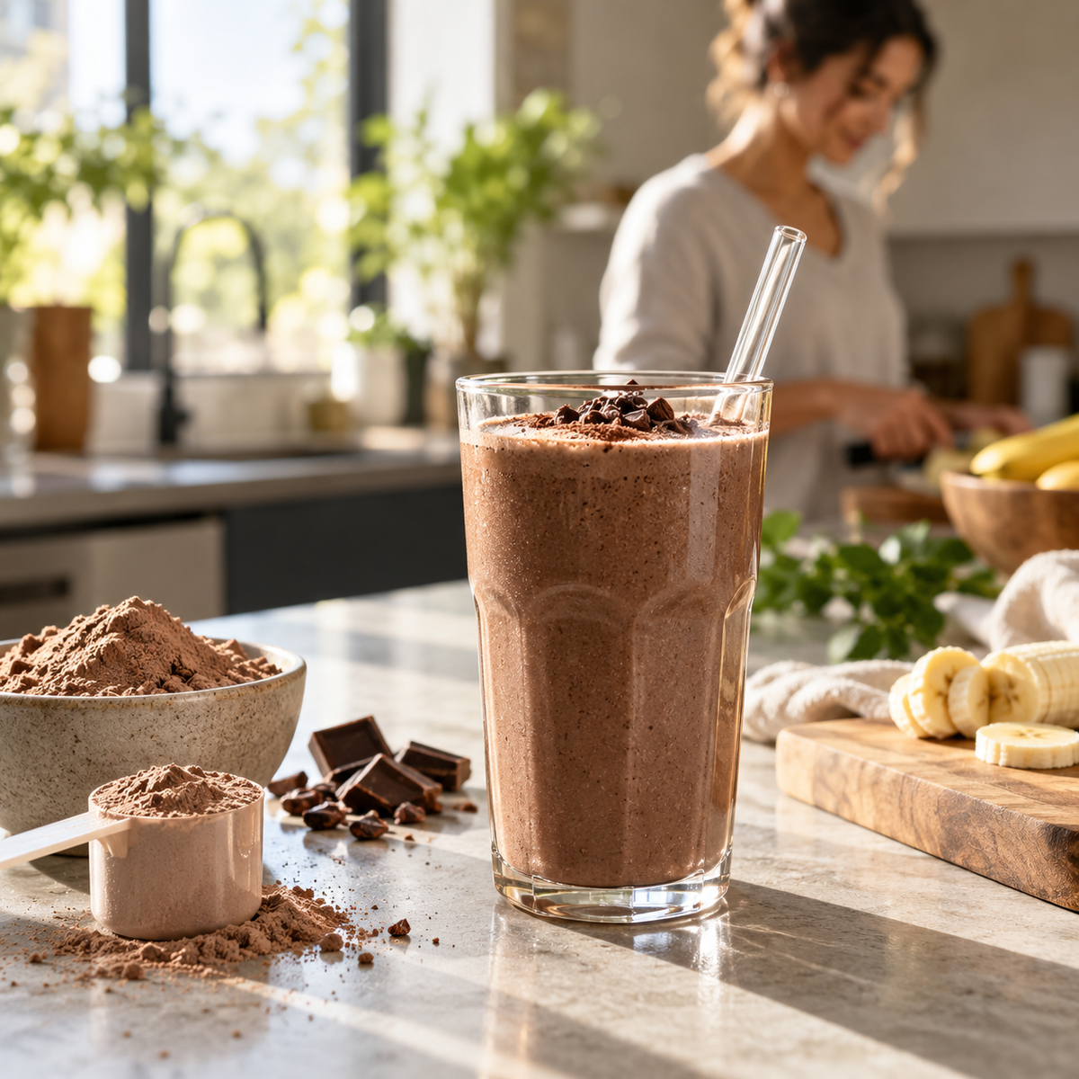 Plantnova Rich Chocolate vegan protein smoothie prepared in a bright kitchen
