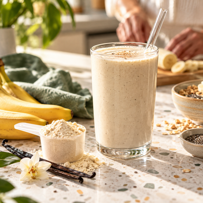 Plantnova Smooth Vanilla vegan protein smoothie at breakfast