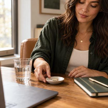 ReishiCore daily capsule routine with water at a home desk