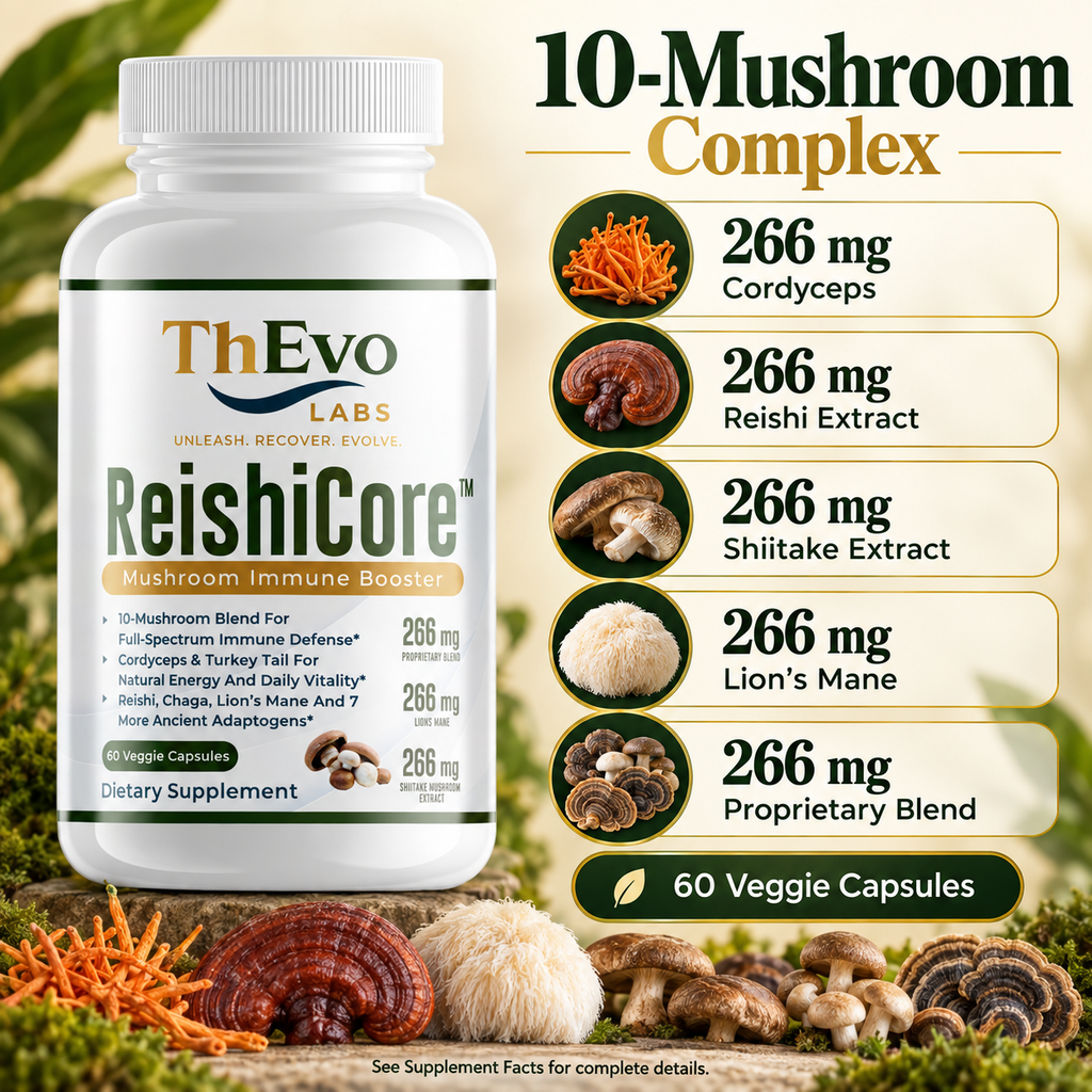 ReishiCore ten-mushroom formula amounts and 60 veggie capsules