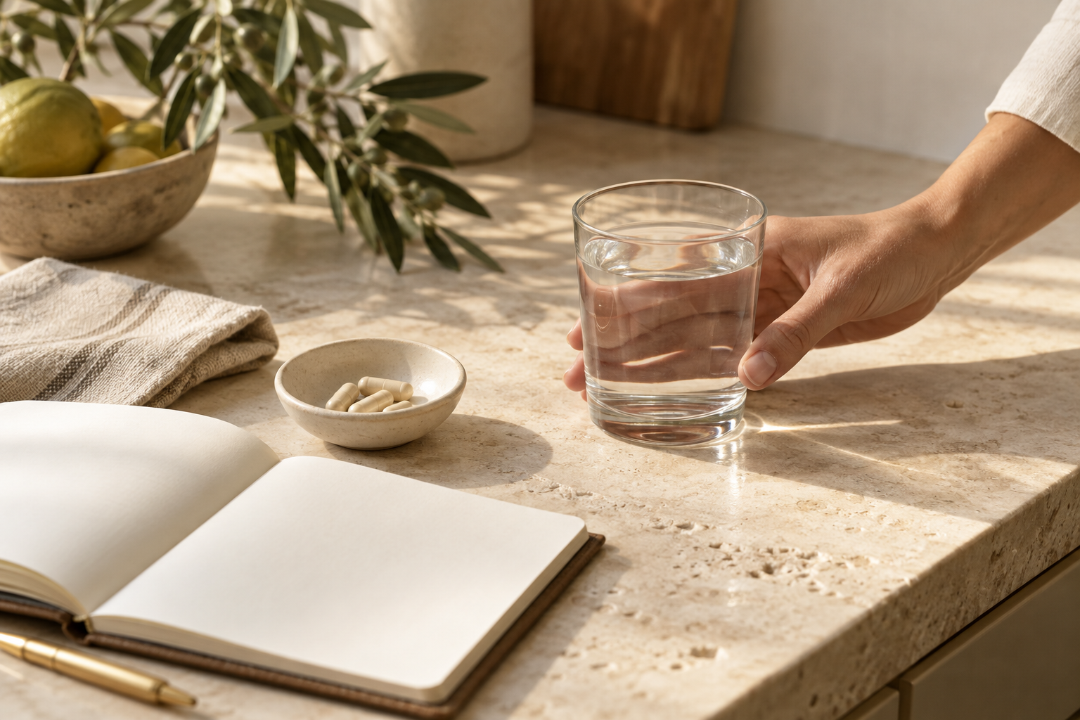 Daily wellness ritual with water, capsules and a journal in warm morning light